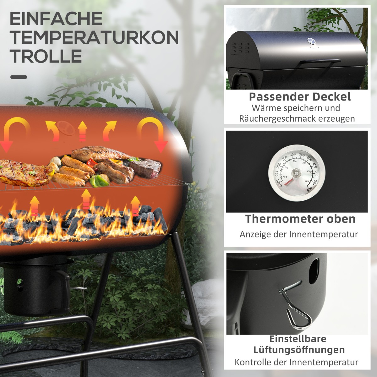 Μεταλλική ψησταριά κάρβουνο BBQ Καπνιστή με Καπάκι Θερμόμετρο Τροχοί Ψητοπωλείο 95x71,5x102 cm Μαύρο