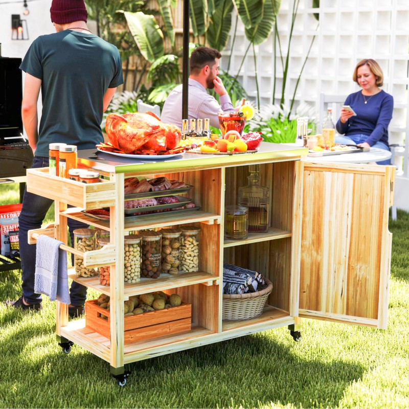 Νησί κουζίνας εξωτερικού χώρου, καροτσάκι γκριλ με ντουλάπι και ράφια, καροτσάκι κουζίνας από ξύλο και ανοξείδωτο ατσάλι, με ρόδες, φυσικό ξύλο