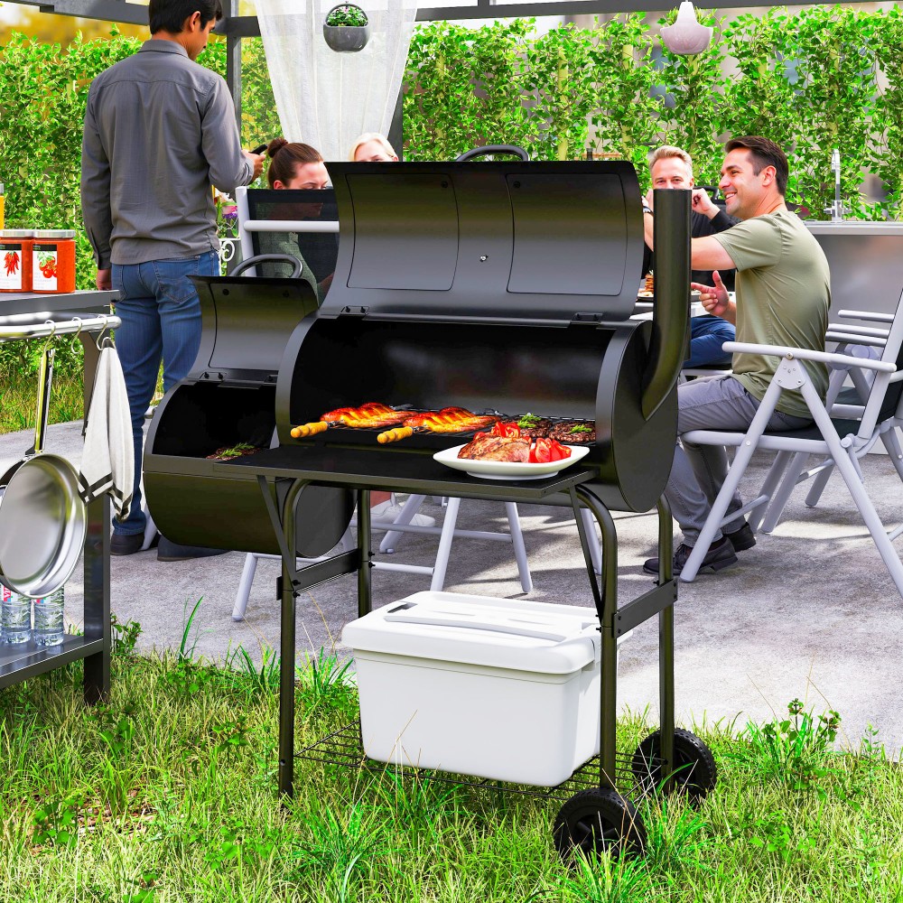 Outsunny Ξυλοψησταριά από χάλυβα BBQ Smoker με καπάκι, θερμόμετρο, τροχούς και ρυθμιζόμενη ροή αέρα