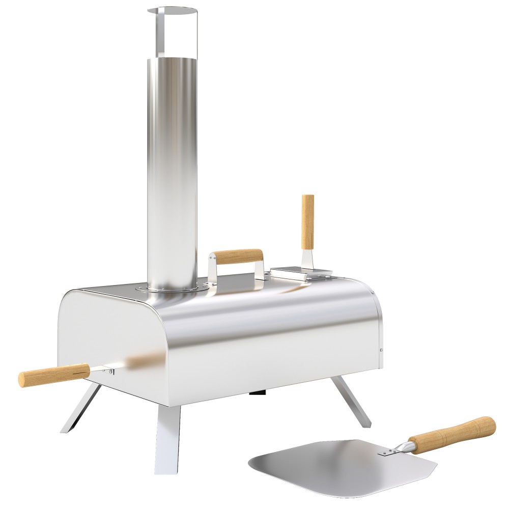 Outsunny Υπαίθριος φούρνος πίτσας, φορητός φούρνος πίτσας με πέτρα πίτσας και φτυάρι, αναδιπλούμενα πόδια, καμινάδα, ανοξείδωτο ατσάλι