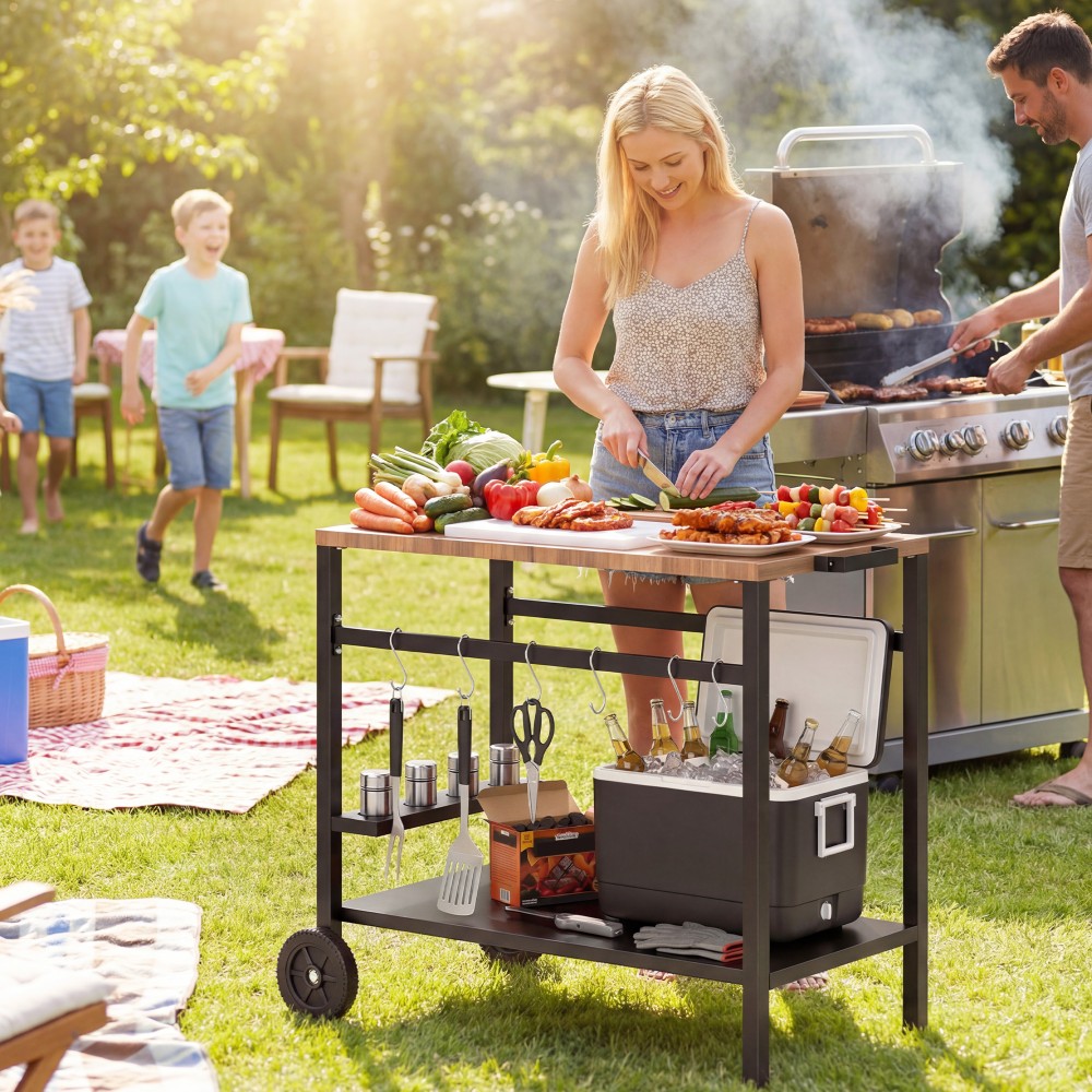 Καρότσι κουζίνας με ρόδες, καρότσι σερβιρίσματος, καρότσι με γάντζους, ποτηροθήκη, μεταλλικό, 97 x 51 x 83 cm μαύρο + καφέ