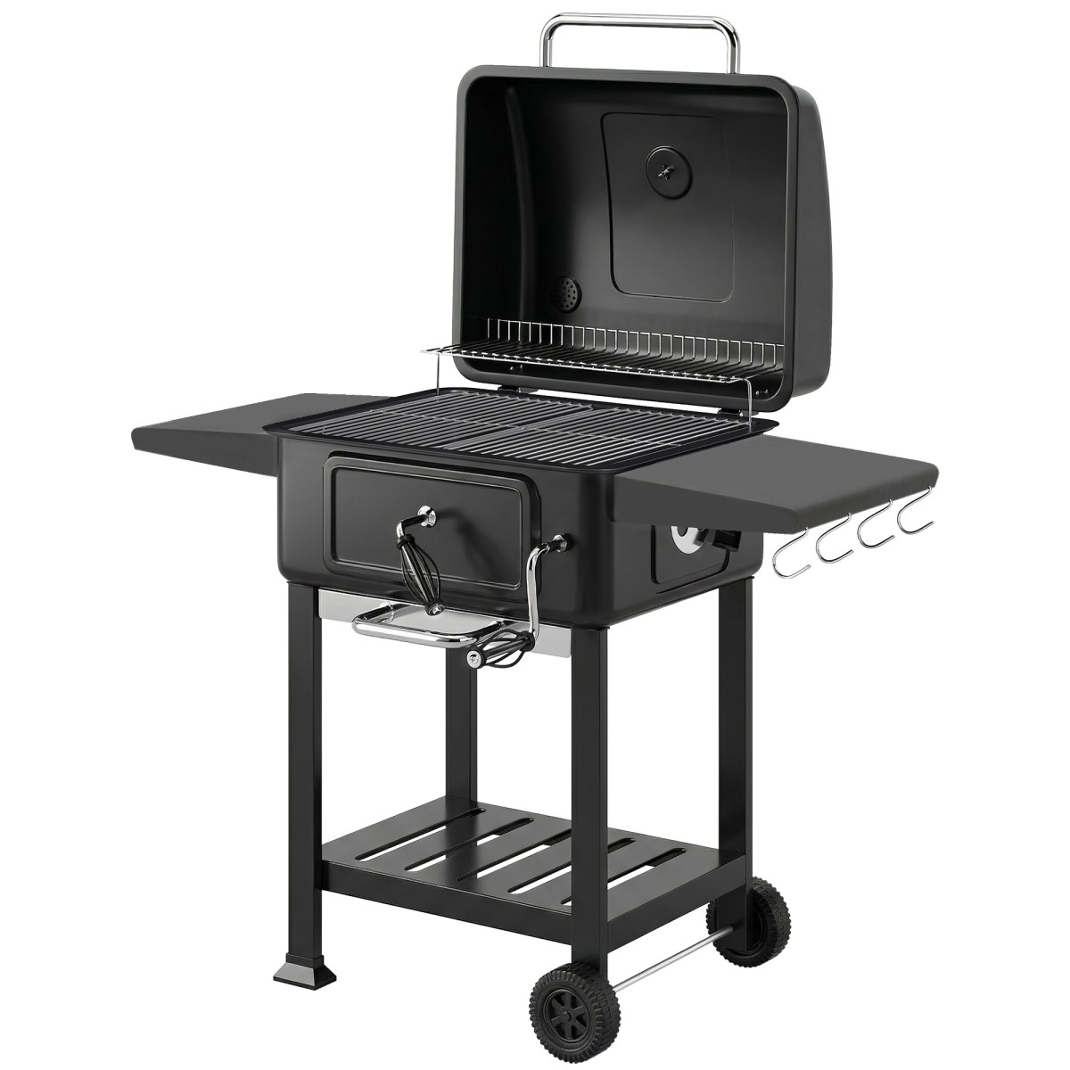 Ψησταριά κάρβουνου Καπνιστή BBQ με καπάκι, θερμόμετρο, ρυθμιζόμενο ύψος, κάρβουνο, τζάκι, σχάρα γκριλ, βοηθητικό τραπέζι, θήκη για τέφρα