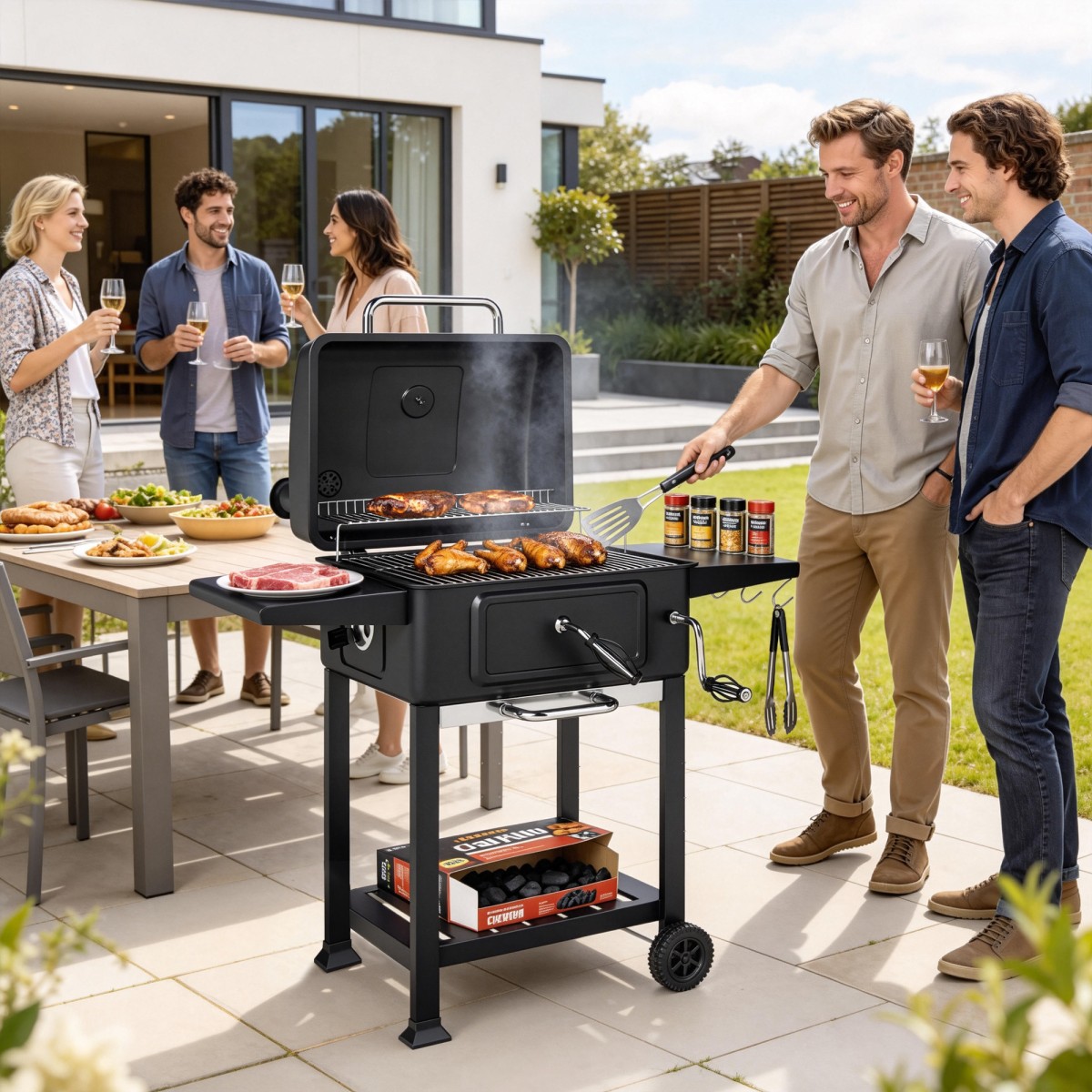 Ψησταριά κάρβουνου Καπνιστή BBQ με καπάκι, θερμόμετρο, ρυθμιζόμενο ύψος, κάρβουνο, τζάκι, σχάρα γκριλ, βοηθητικό τραπέζι, θήκη για τέφρα