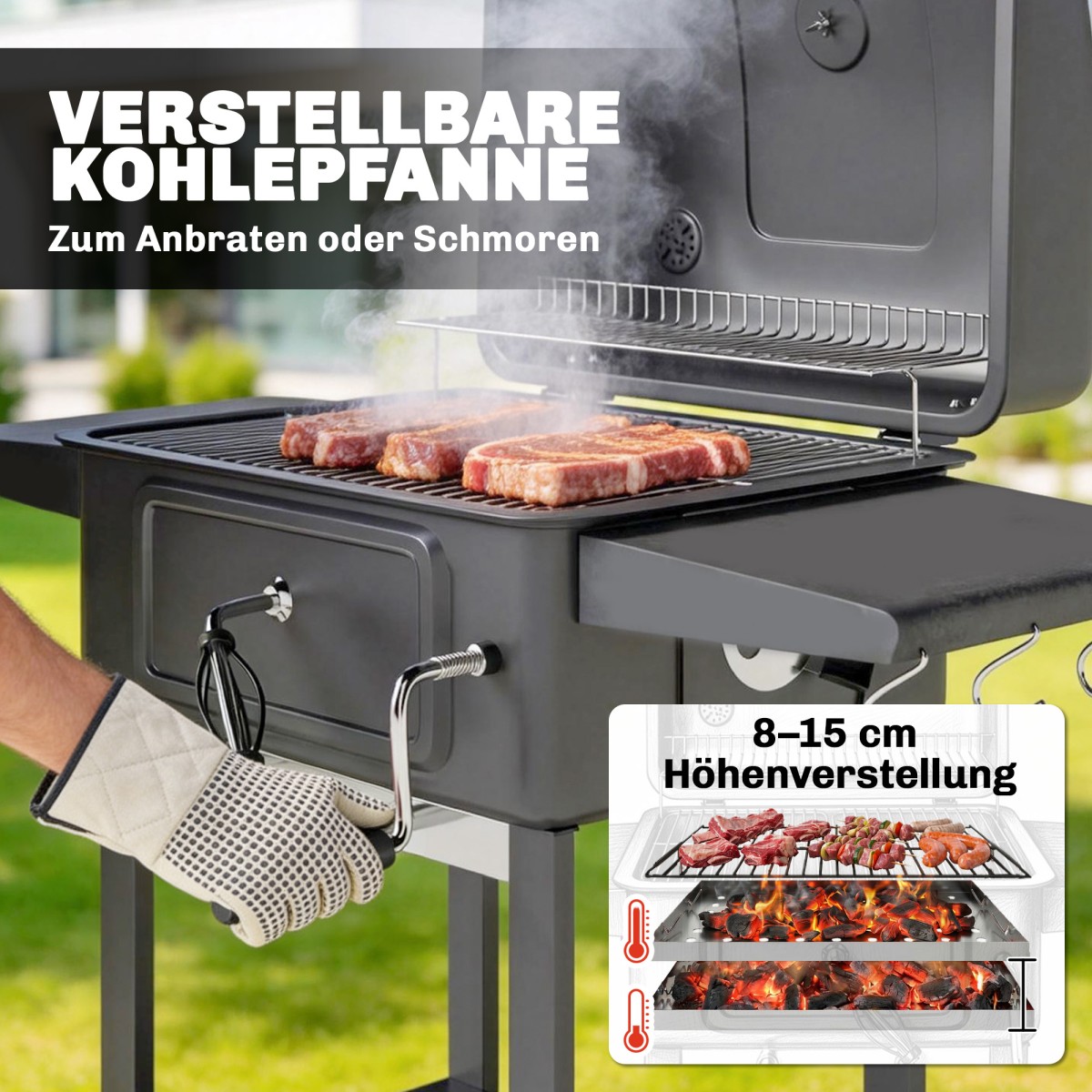 Ψησταριά κάρβουνου Καπνιστή BBQ με καπάκι, θερμόμετρο, ρυθμιζόμενο ύψος, κάρβουνο, τζάκι, σχάρα γκριλ, βοηθητικό τραπέζι, θήκη για τέφρα