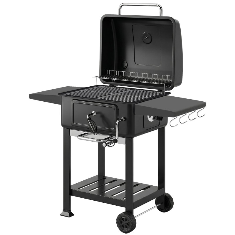 Ψησταριά κάρβουνου Καπνιστή BBQ με καπάκι, θερμόμετρο, ρυθμιζόμενο ύψος, κάρβουνο, τζάκι, σχάρα γκριλ, βοηθητικό τραπέζι, θήκη για τέφρα