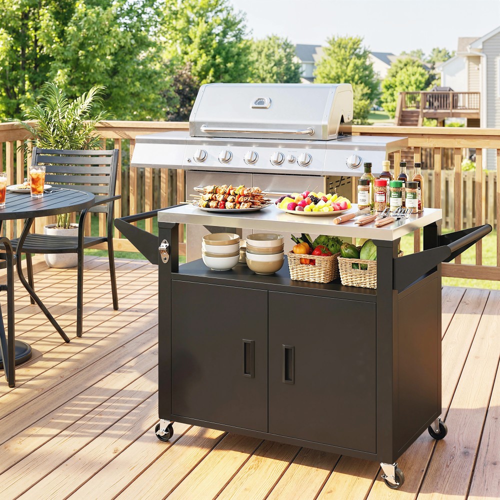 Καρότσι κουζίνας με ρόδες, καρότσι σερβιρίσματος, καρότσι με ντουλάπι, χερούλια, επιφάνεια από ανοξείδωτο ατσάλι 117 x 55 x 78 cm μαύρο