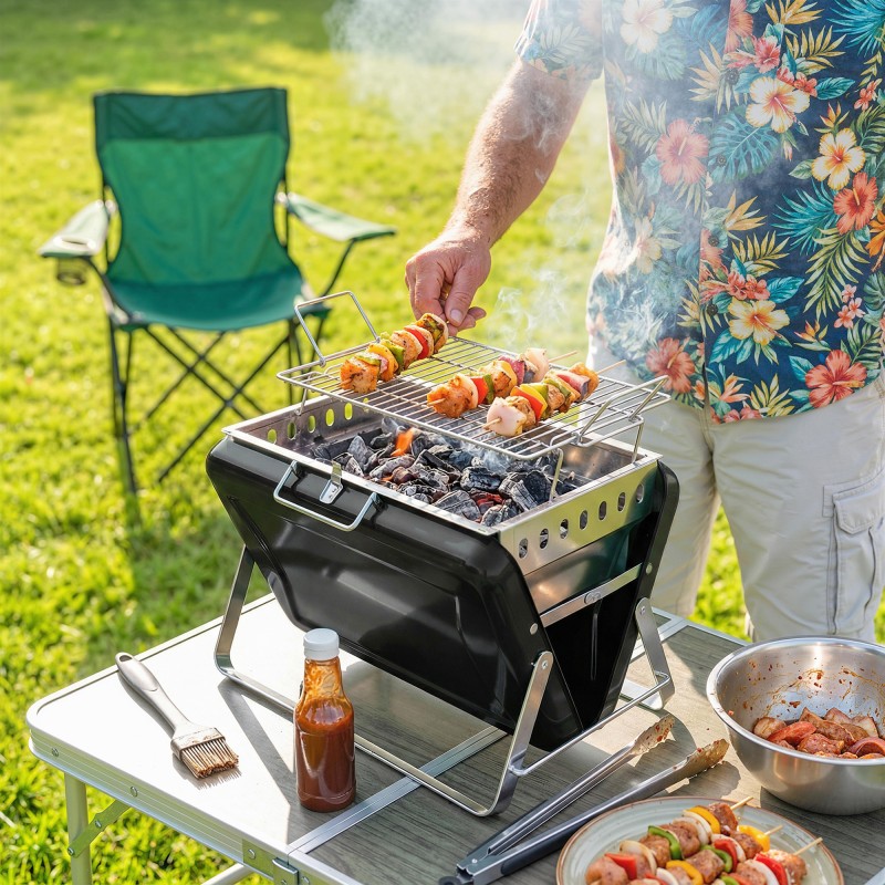 Ψησταριά κάρβουνα από ανοξείδωτο ατσάλι BBQ καπνιστής με λαβή σχάρας πτυσσόμενα πόδια για κάμπινγκ μπάρμπεκιου 40x28x25,5cm μαύρο