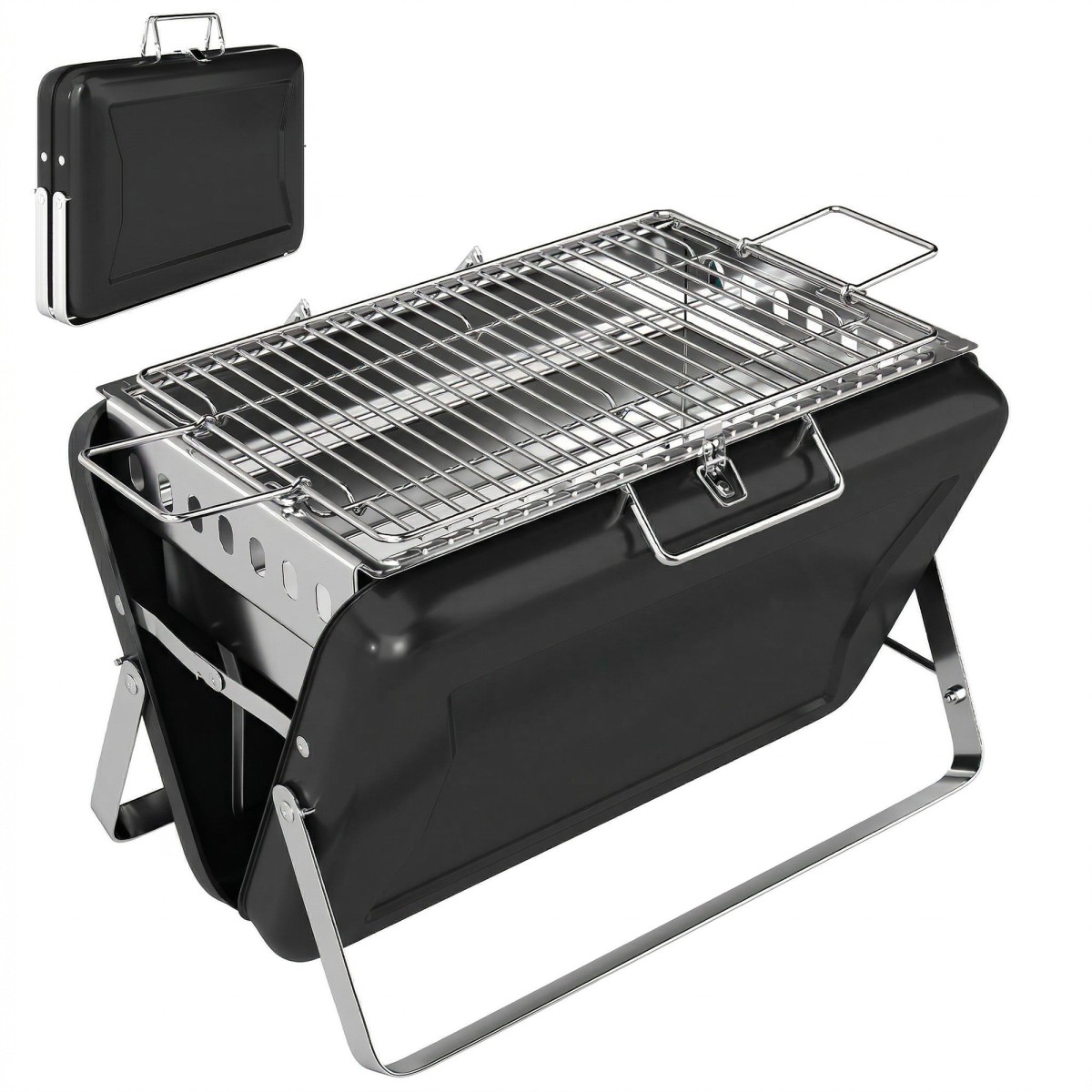 Ψησταριά κάρβουνα από ανοξείδωτο ατσάλι BBQ καπνιστής με λαβή σχάρας πτυσσόμενα πόδια για κάμπινγκ μπάρμπεκιου 40x28x25,5cm μαύρο