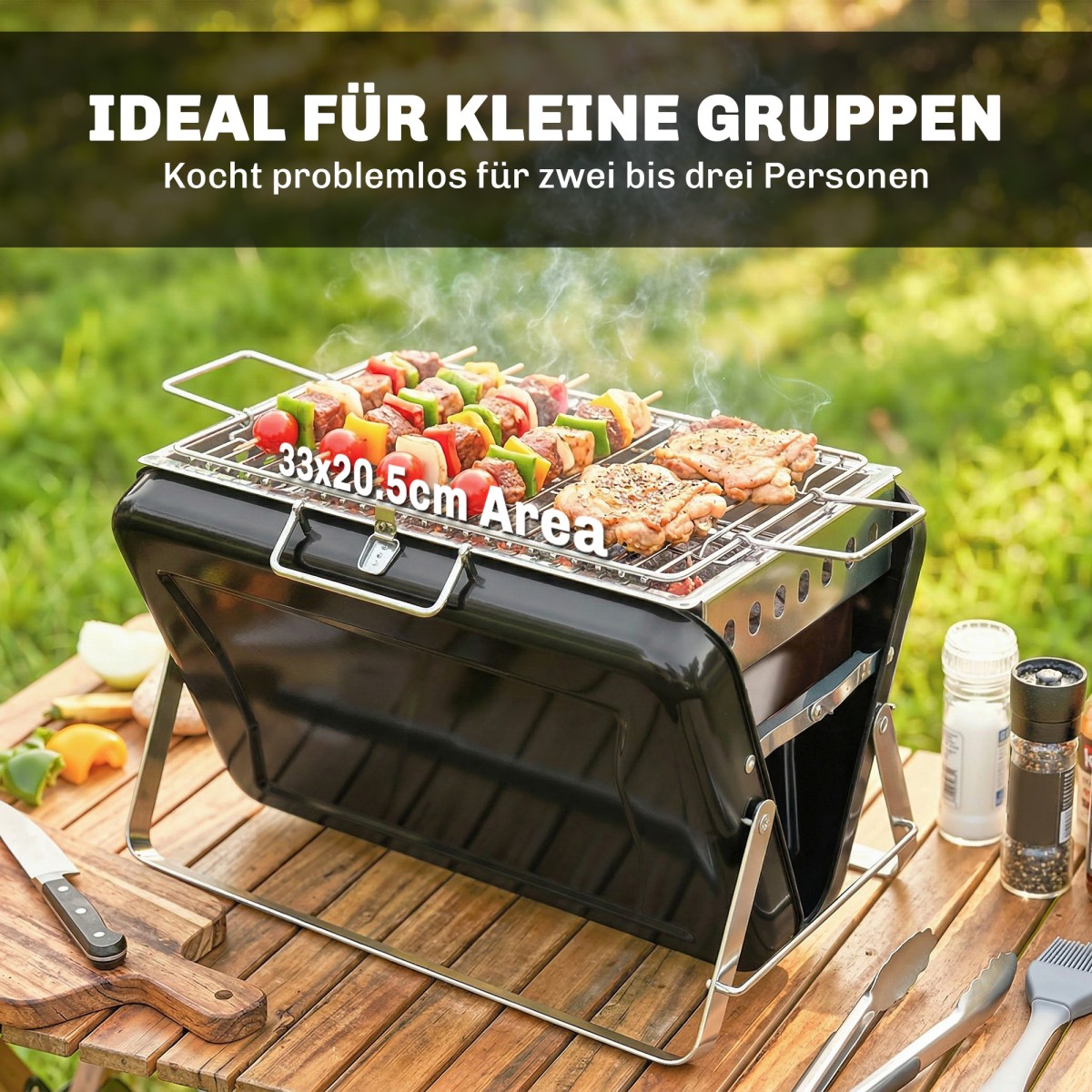 Ψησταριά κάρβουνα από ανοξείδωτο ατσάλι BBQ καπνιστής με λαβή σχάρας πτυσσόμενα πόδια για κάμπινγκ μπάρμπεκιου 40x28x25,5cm μαύρο