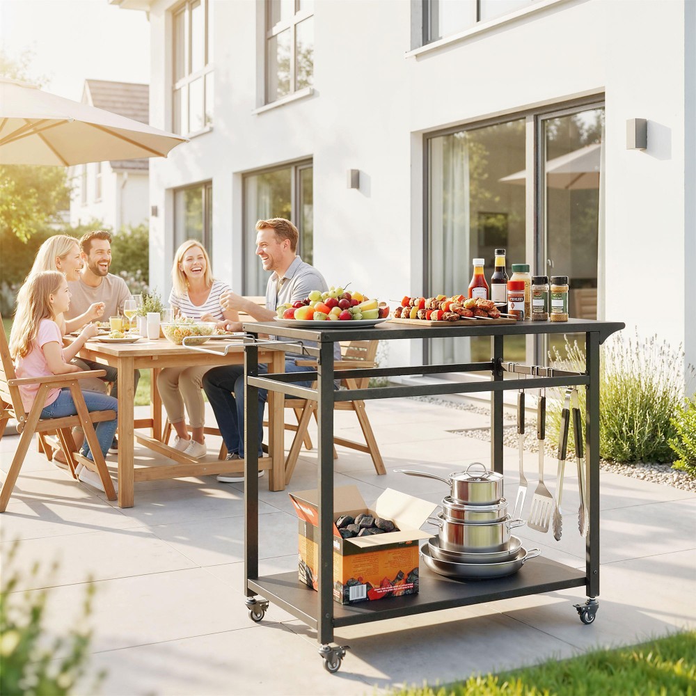 Καρότσι κουζίνας με ρόδες, καρότσι σερβιρίσματος 2 επιπέδων με θήκη για τσάντες απορριμμάτων, γάντζους, χερούλια, 113 x 50,5 x 88 cm μαύρο