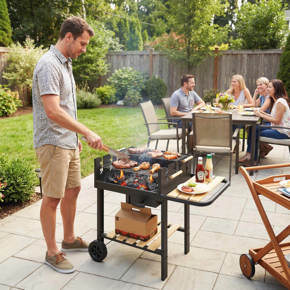 Καρότσι ψησταριάς με κάρβουνο με σχάρα ψησταριάς ρυθμιζόμενη σε ύψος 4 κατευθύνσεων, 2 ξύλινα ράφια, 2 ρόδες, δοχείο στάχτης 99,5 x 58 x 82 cm