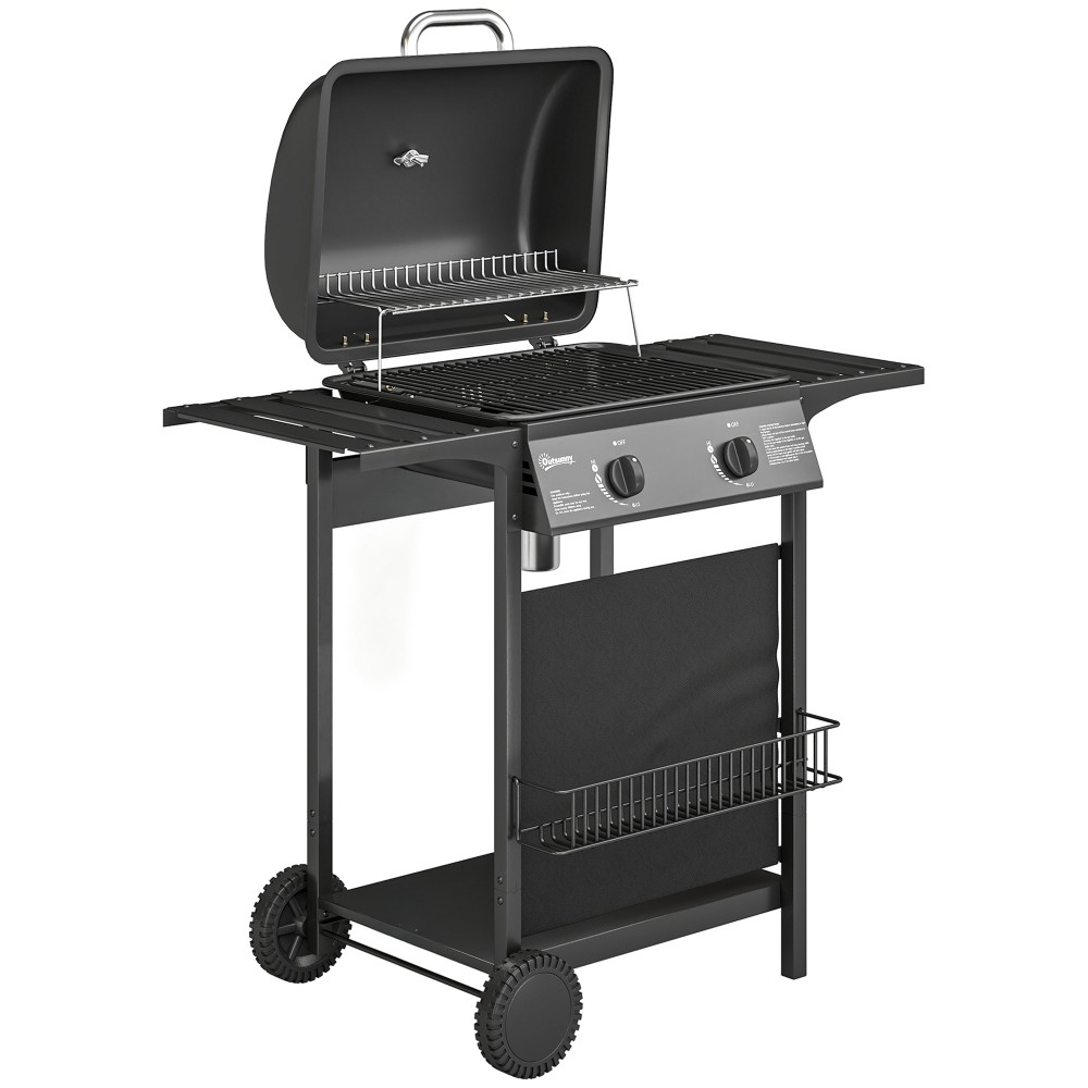 Ψησταριά αερίου 5 KW 2 καυστήρων BBQ καροτσάκι ψησταριάς από ανοξείδωτο χάλυβα συμπεριλαμβανομένου του πλαϊνού τραπεζιού κάτω καλαθιού μπροστινό κάλυμμα θερμόμετρο σχάρα σχάρα σμάλτου