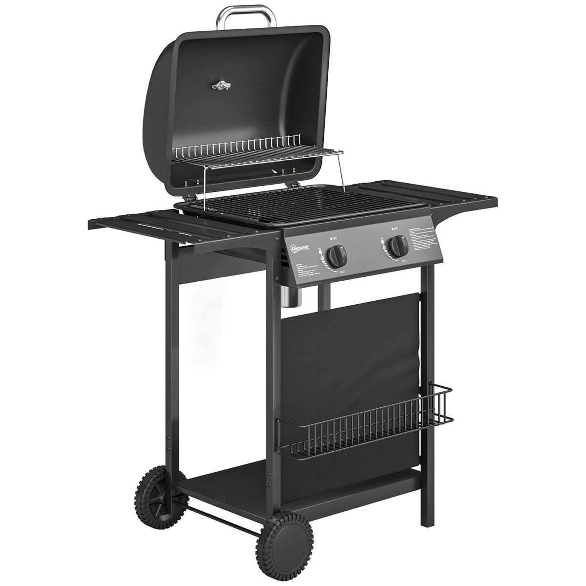 Ψησταριά αερίου 5 KW 2 καυστήρων BBQ καροτσάκι ψησταριάς από ανοξείδωτο χάλυβα συμπεριλαμβανομένου του πλαϊνού τραπεζιού κάτω καλαθιού μπροστινό κάλυμμα θερμόμετρο σχάρα σχάρα σμάλτου