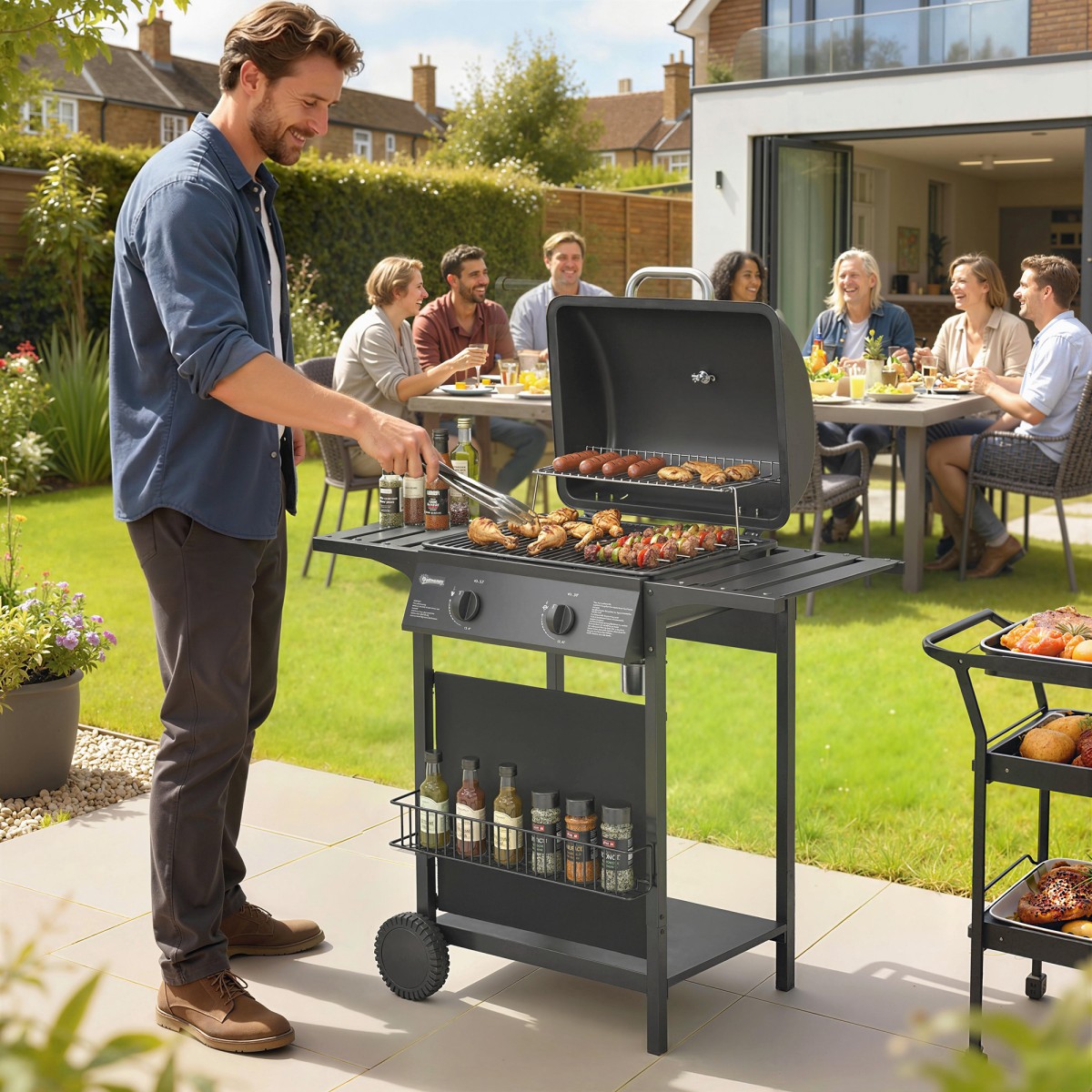 Ψησταριά αερίου 5 KW 2 καυστήρων BBQ καροτσάκι ψησταριάς από ανοξείδωτο χάλυβα συμπεριλαμβανομένου του πλαϊνού τραπεζιού κάτω καλαθιού μπροστινό κάλυμμα θερμόμετρο σχάρα σχάρα σμάλτου