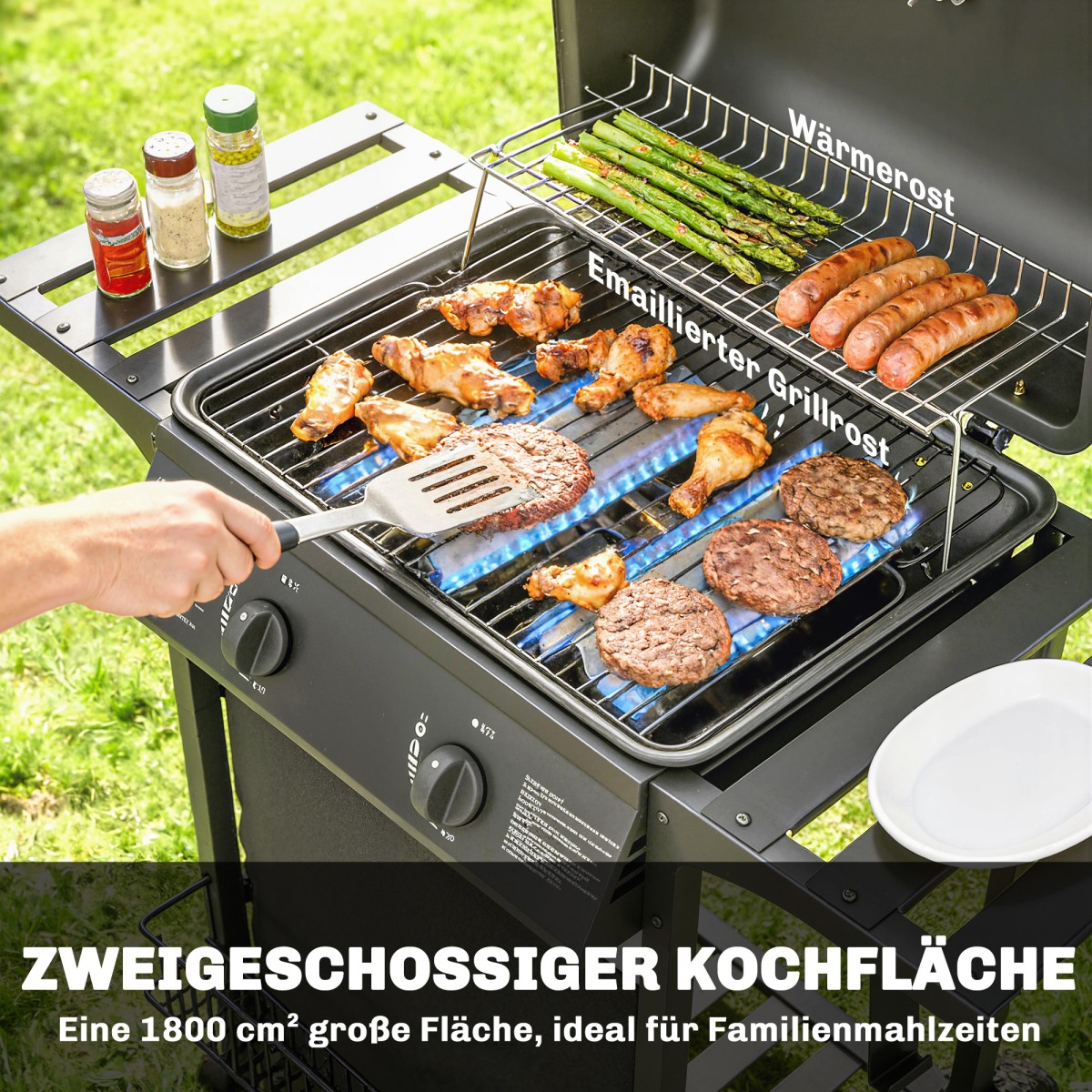 Ψησταριά αερίου 5 KW 2 καυστήρων BBQ καροτσάκι ψησταριάς από ανοξείδωτο χάλυβα συμπεριλαμβανομένου του πλαϊνού τραπεζιού κάτω καλαθιού μπροστινό κάλυμμα θερμόμετρο σχάρα σχάρα σμάλτου