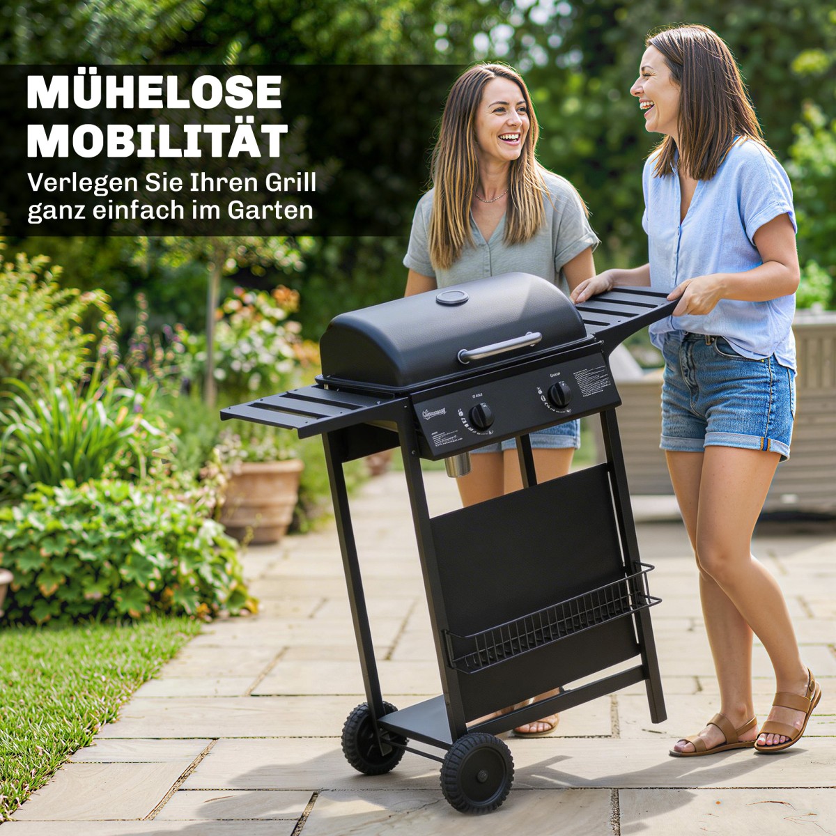 Ψησταριά αερίου 5 KW 2 καυστήρων BBQ καροτσάκι ψησταριάς από ανοξείδωτο χάλυβα συμπεριλαμβανομένου του πλαϊνού τραπεζιού κάτω καλαθιού μπροστινό κάλυμμα θερμόμετρο σχάρα σχάρα σμάλτου