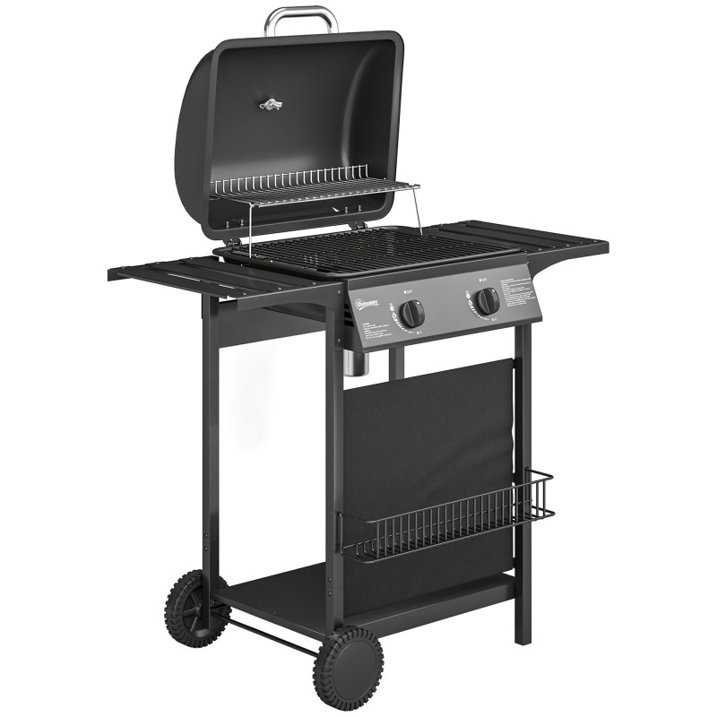 Ψησταριά αερίου 5 KW 2 καυστήρων BBQ καροτσάκι ψησταριάς από ανοξείδωτο χάλυβα συμπεριλαμβανομένου του πλαϊνού τραπεζιού κάτω καλαθιού μπροστινό κάλυμμα θερμόμετρο σχάρα σχάρα σμάλτου
