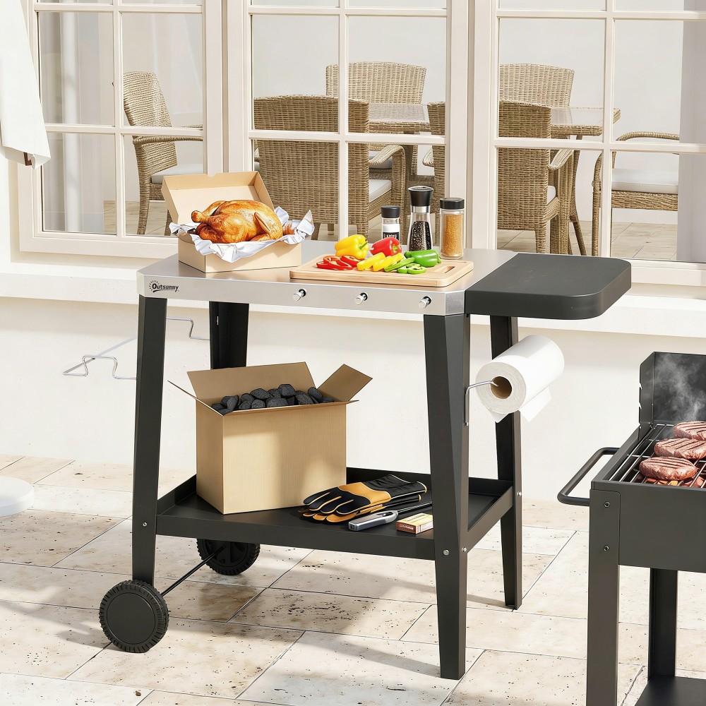 Καρότσι κουζίνας με ρόδες, καρότσι σερβιρίσματος με γάντζους, χάρτινη βάση για ρολό, βάση για σακούλες σκουπιδιών, ανοξείδωτο ατσάλι, 115 x 67,5 x 80,5 cm, μαύρο