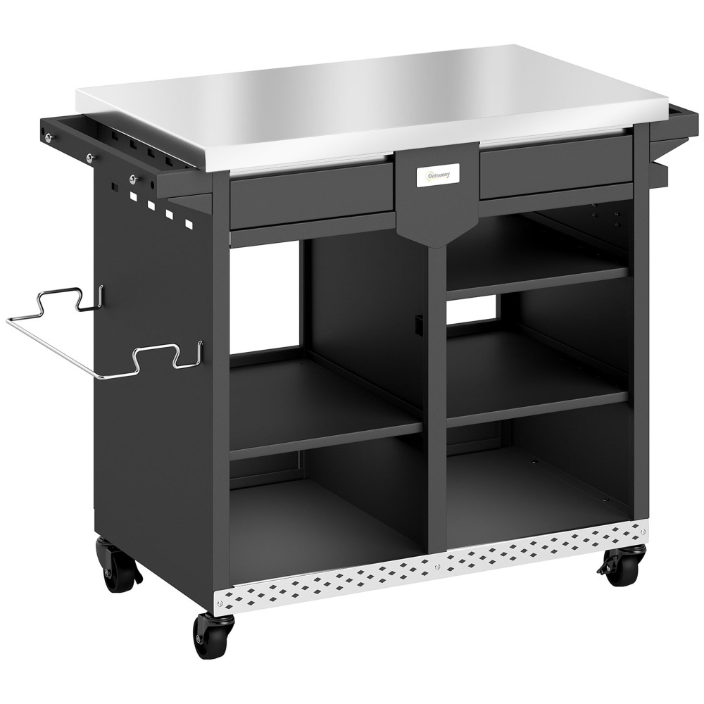 Τραπέζι γκριλ 5 επιπέδων τρόλεϊ με επιφάνεια εργασίας από ανοξείδωτο ατσάλι, ρυθμιζόμενα ράφια, συρτάρι, ρόδες, θήκη μπαχαρικών, σχάρα απορριμμάτων