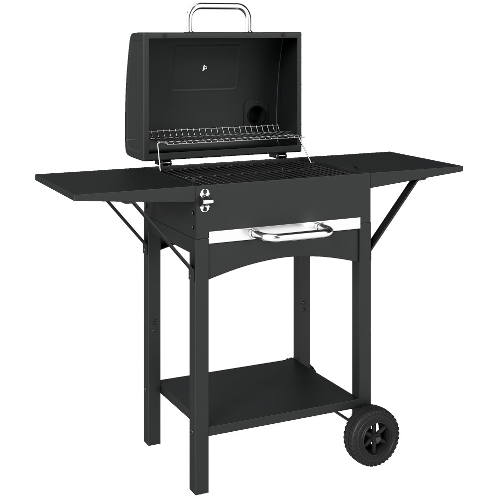 Ψησταριά κάρβουνου με καπάκι, BBQ Smoker Grill με 2 πλαϊνά τραπέζια Μεγάλη επιφάνεια ψησίματος σχάρας Θερμόμετρο Ρόδες