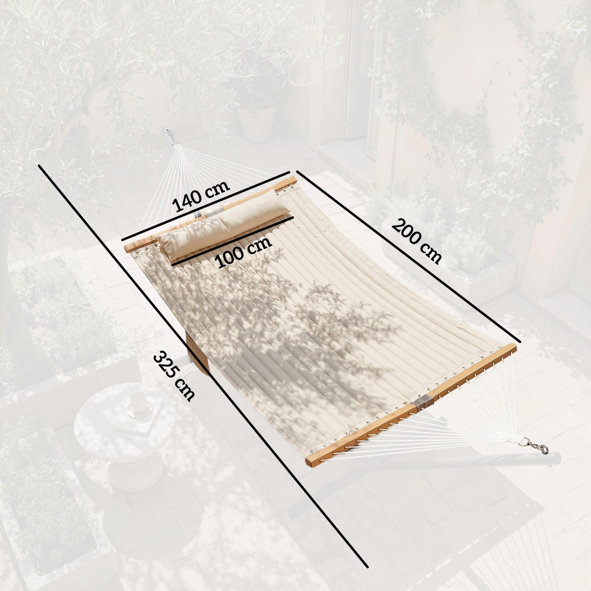 Αιώρα εξωτερικού χώρου 200x140cm, αιώρα δύο στρώσεων με προσκέφαλο, τσάντα περιοδικού, ξύλινα μπαστούνια έως 200kg