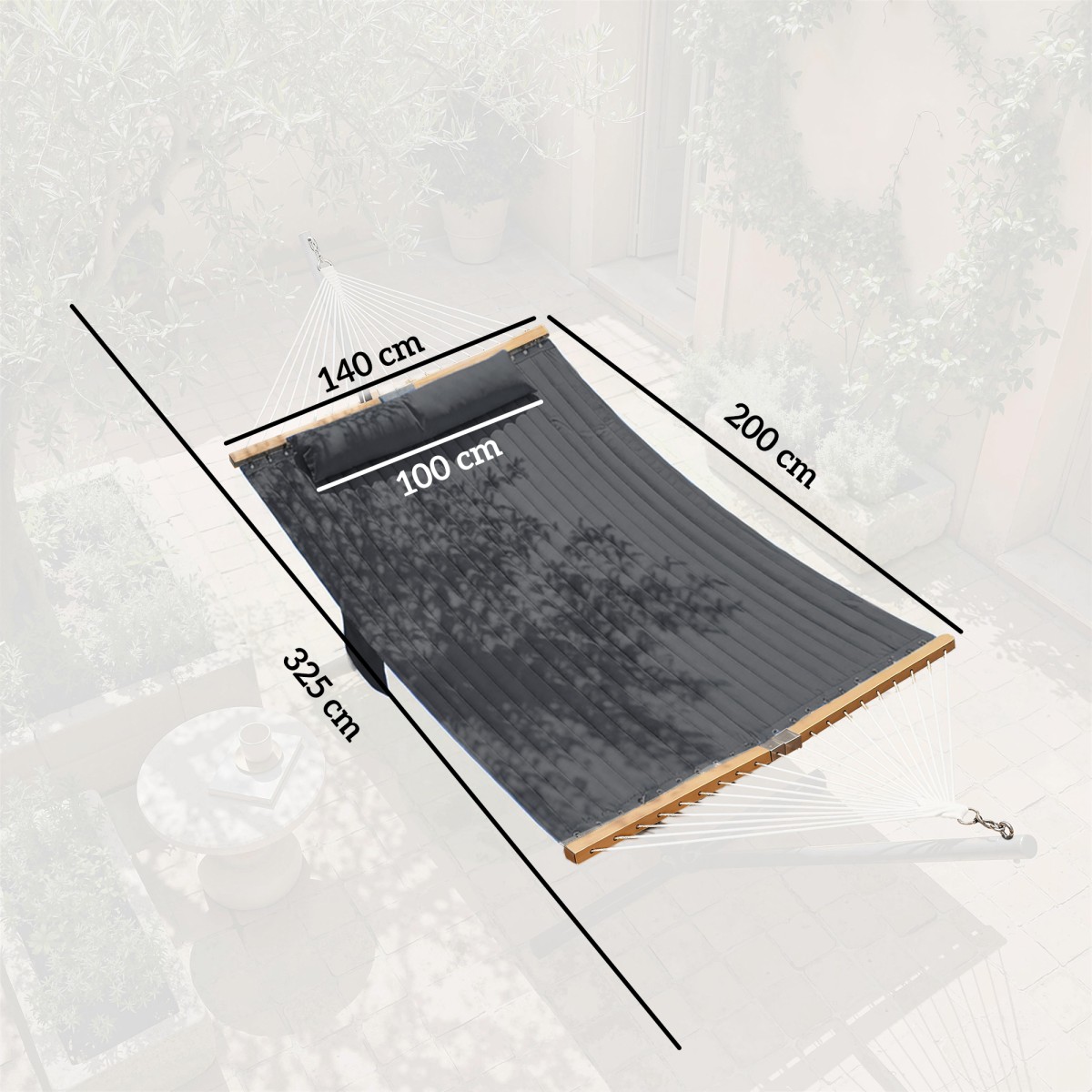 Αιώρα εξωτερικού χώρου 200x140cm, αιώρα δύο στρώσεων με προσκέφαλο, τσάντα περιοδικού, ξύλινα μπαστούνια έως 200kg
