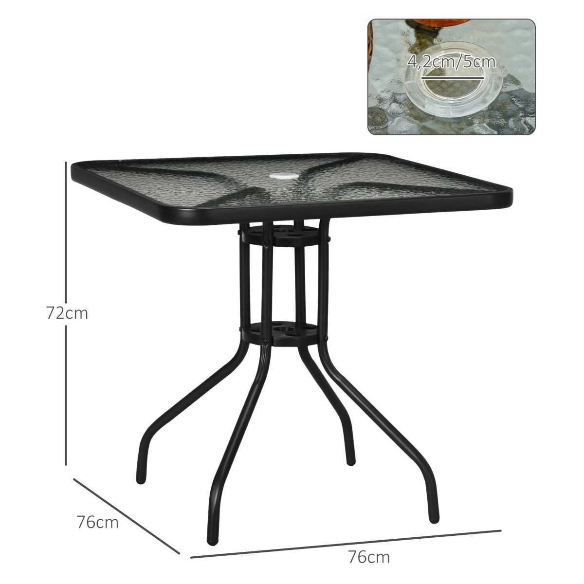 Τραπέζι κήπου αφαιρούμενο μεταλλικό 76x76 cm τραπέζι μπαλκονιού με τρύπα για ομπρέλα, αντιολισθητικό μαύρο
