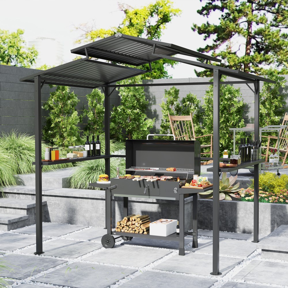 Περίπτερο μπάρμπεκιου 250 x 160 x 250 cm αδιάβροχο κιόσκι κήπου με στέγη διπλής στρώσης, πλαϊνά ράφια μαύρα