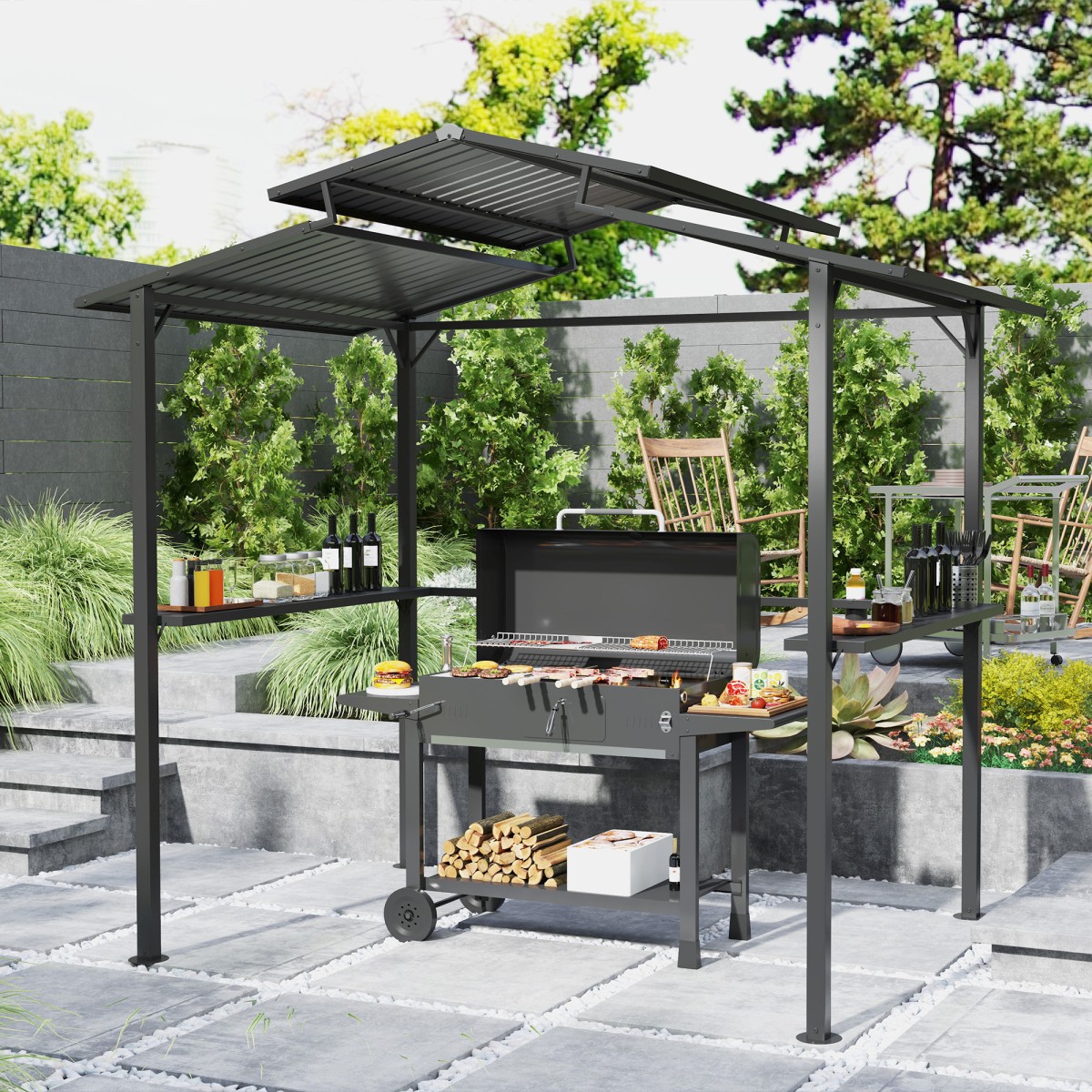 Περίπτερο μπάρμπεκιου 250 x 160 x 250 cm αδιάβροχο κιόσκι κήπου με στέγη διπλής στρώσης, πλαϊνά ράφια μαύρα