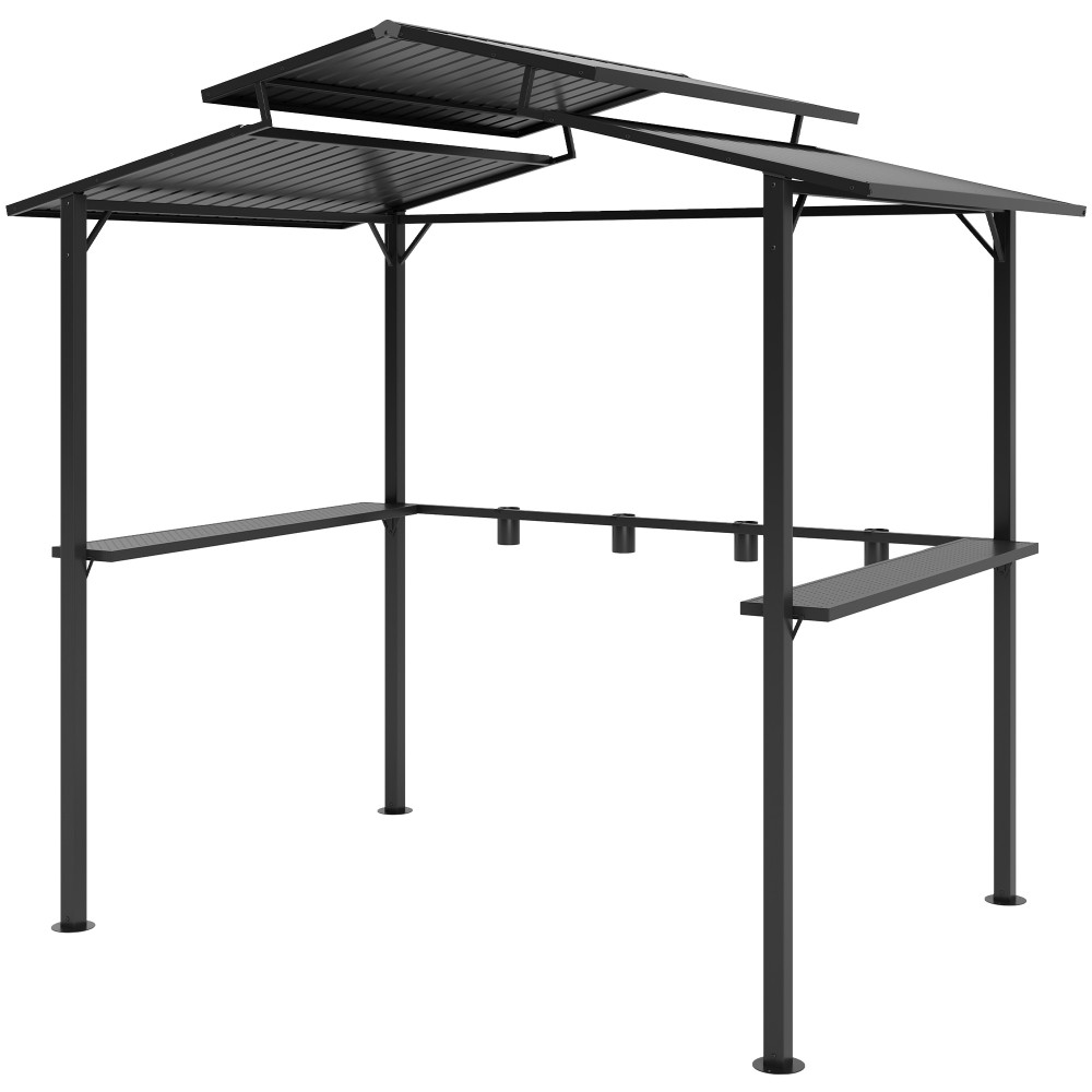 Περίπτερο μπάρμπεκιου 250 x 160 x 250 cm αδιάβροχο κιόσκι κήπου με στέγη διπλής στρώσης, πλαϊνά ράφια μαύρα