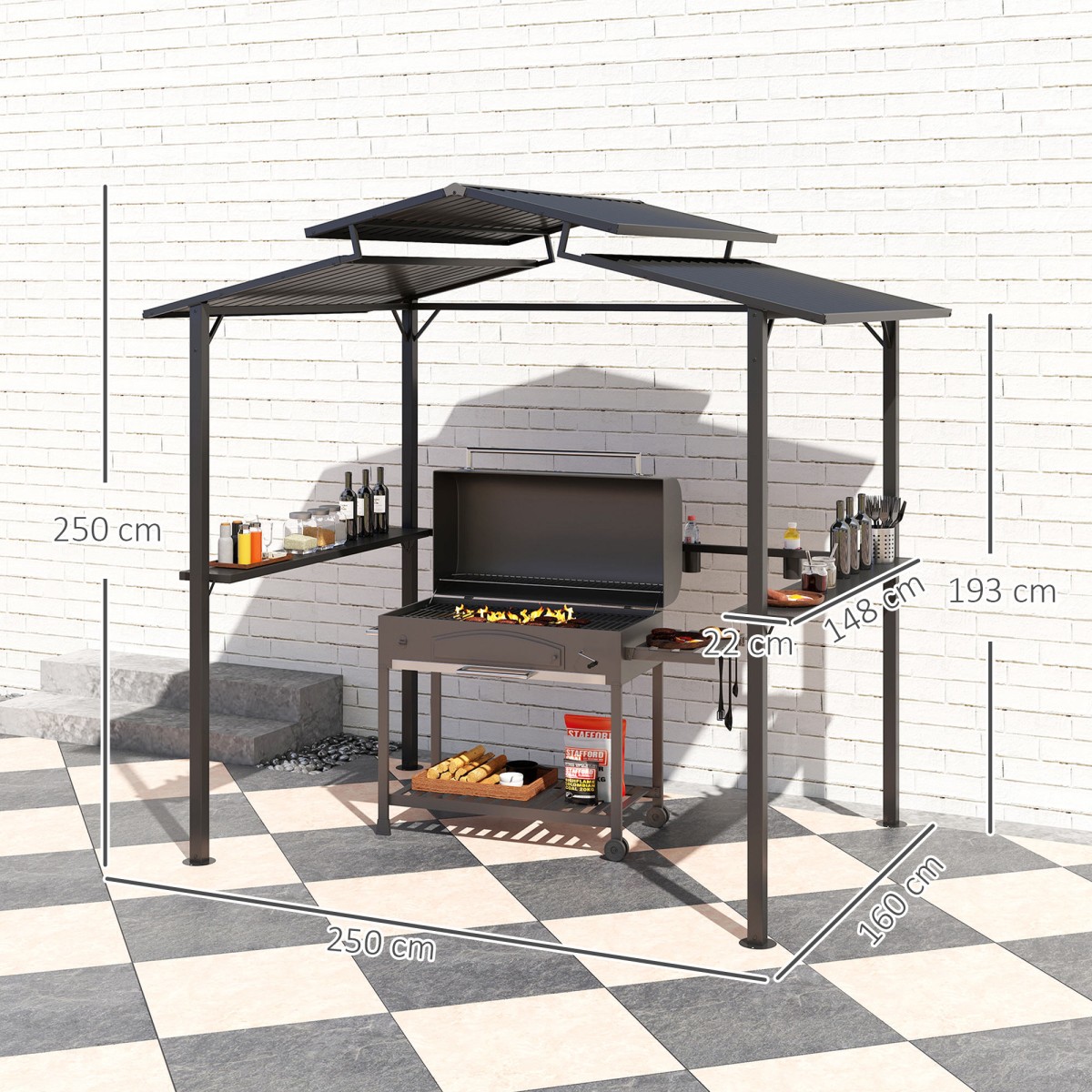 Περίπτερο μπάρμπεκιου 250 x 160 x 250 cm αδιάβροχο κιόσκι κήπου με στέγη διπλής στρώσης, πλαϊνά ράφια μαύρα