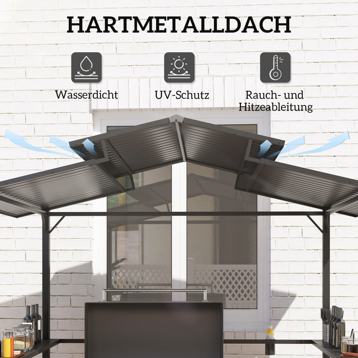 Περίπτερο μπάρμπεκιου 250 x 160 x 250 cm αδιάβροχο κιόσκι κήπου με στέγη διπλής στρώσης, πλαϊνά ράφια μαύρα