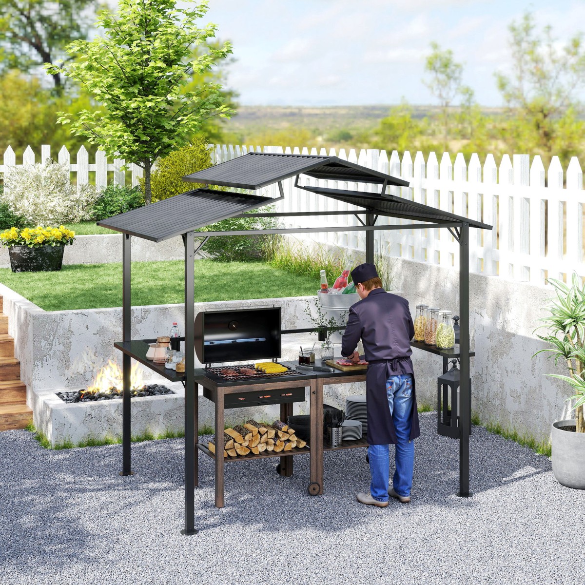 Περίπτερο μπάρμπεκιου 250 x 160 x 250 cm αδιάβροχο κιόσκι κήπου με στέγη διπλής στρώσης, πλαϊνά ράφια μαύρα