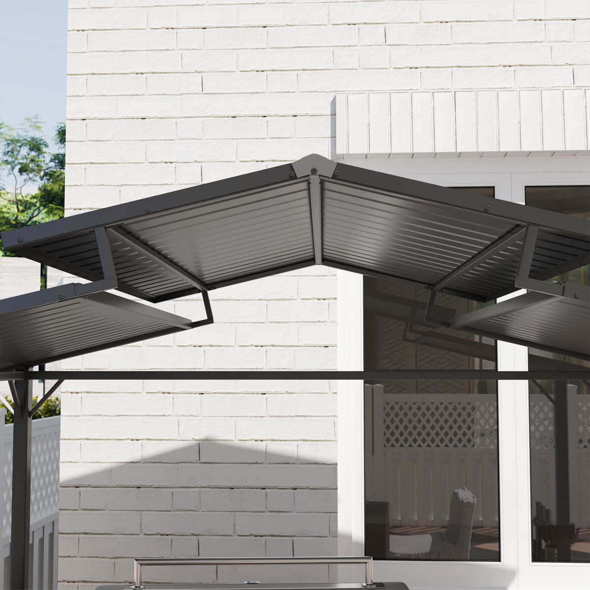 Περίπτερο μπάρμπεκιου 250 x 160 x 250 cm αδιάβροχο κιόσκι κήπου με στέγη διπλής στρώσης, πλαϊνά ράφια μαύρα