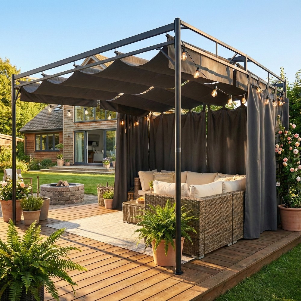 Pergola gazebo 3x3m υδατοαπωθητική αντηλιακή προστασία με ρυθμιζόμενες συρόμενες κουρτίνες οροφής, ανεξάρτητη