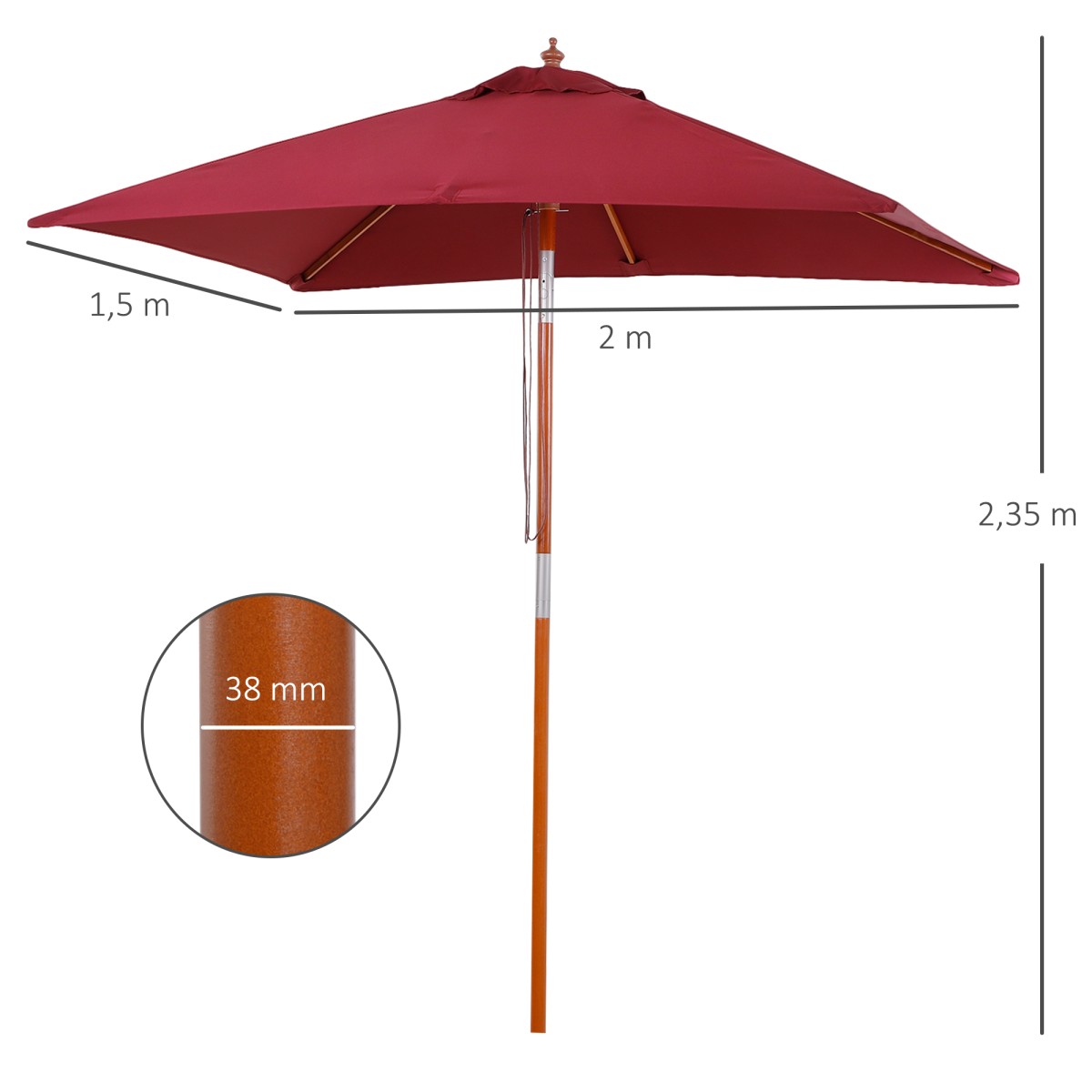 Ομπρέλα ομπρέλας 200 x 150 x 235 cm Αναδιπλούμενη ομπρέλα κήπου 3 επιπέδων Ρυθμιζόμενη ορθογώνια ομπρέλα παραλίας Αδιάβροχη και ανθεκτική στην υπεριώδη ακτινοβολία για Μπαλκόνι Παραλία Αίθριο Κήπος Κόκκινο κρασί