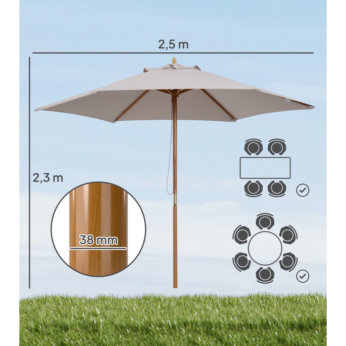 Ομπρέλα Ø 250 cm, ομπρέλα με μηχανισμό τροχαλίας, ομπρέλα μπαλκονιού, ομπρέλα θαλάσσης από μπαμπού, αντιανεμική ομπρέλα αγοράς, αντηλιακή προστασία για μπαλκόνι, βεράντα, κήπο, γκρι