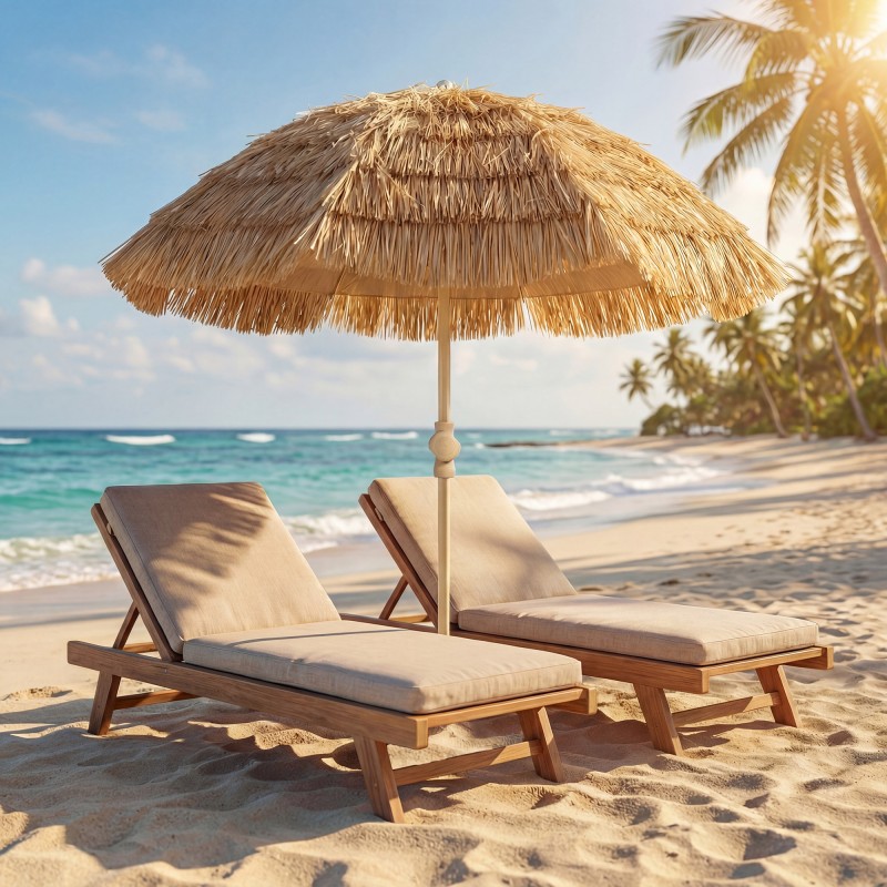 150cm Hula Straw Roof Tiki Ομπρέλα Παραλία και Κήπου με άγκυρα άμμου, Λειτουργία ρυθμιζόμενου ύψους και κλίσης, ψάθινη ομπρέλα οροφής