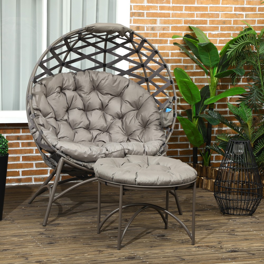 Σετ καρέκλες κήπου Outsunny, 2 τεμ., σκαμπό/βοηθητικό τραπέζι, μεγάλο μαξιλάρι καθίσματος, ατσάλινο πλαίσιο, χρώμα: άμμος, 118 x 75 x 142 εκ.