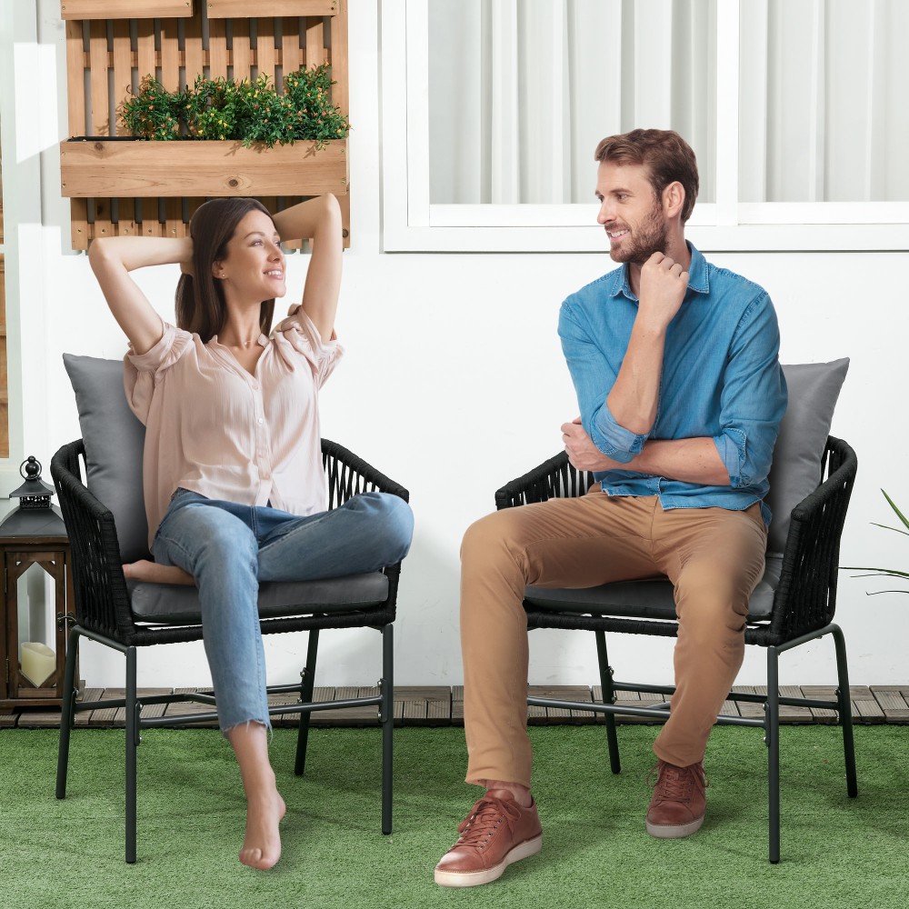 Outsunny Καρέκλες εξωτερικού χώρου, Σετ 2 τεμαχίων, Σχέδιο Boho, Μαξιλάρια καθίσματος και πλάτης, άνετο κάθισμα, μεταλλικός σκελετός, Μαύρο