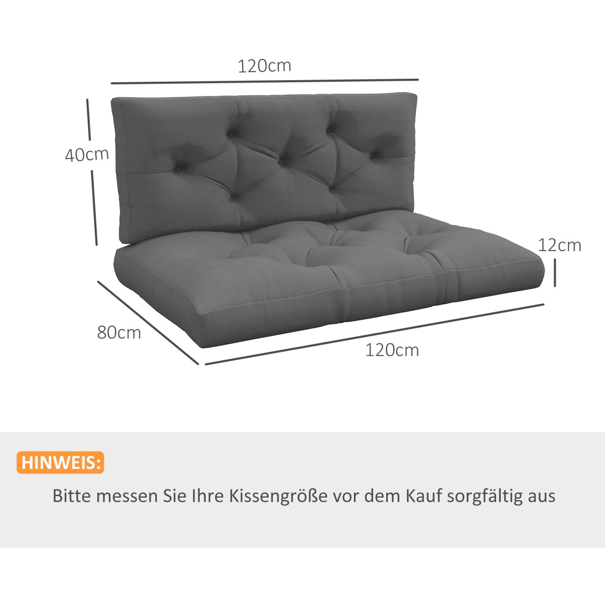 Μαξιλάρι καθίσματος Μαξιλάρι μαξιλαριού καθίσματος, με ραφή με κουμπί, 120 x 80 x 12 cm, γκρι