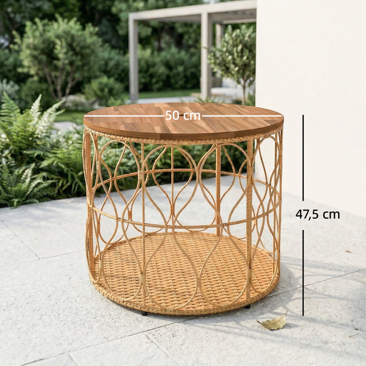 Βοηθητικό τραπέζι Ø50 cm, αδιάβροχο τραπέζι κήπου με όψη μπαστούνι, ρυθμιζόμενα πόδια από ξύλο ακακίας
