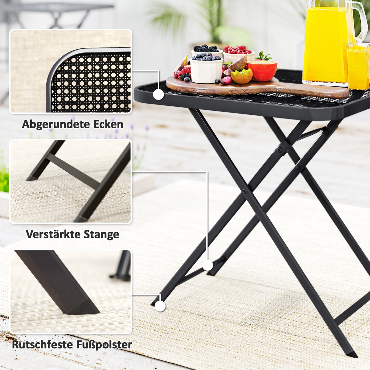 Πτυσσόμενο τραπέζι κήπου 70 x 70 cm, τραπέζι μπαλκονιού αδιάβροχο, πτυσσόμενο τραπέζι με κομμένο σχέδιο, τετράγωνο μαύρο