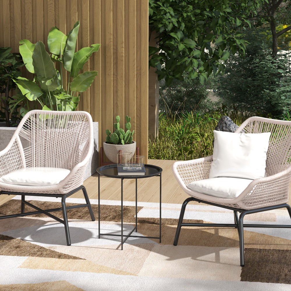 Τραπέζι κήπου, στρογγυλό εξωτερικό βοηθητικό τραπέζι από ατσάλι με αφαιρούμενο δίσκο, πτυσσόμενο σχέδιο, τραπέζι βεράντας, μαύρο