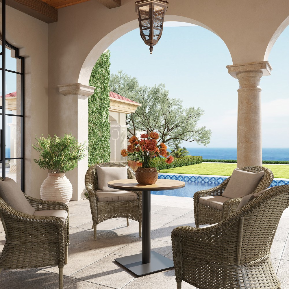 Τραπέζι κήπου Ø70 cm, ανθεκτικό στις καιρικές συνθήκες, στρογγυλό τραπέζι μπαλκονιού με σχέδιο πηχάκι, ατσάλι Ø70 x 74H cm, Φυσικό ξύλο