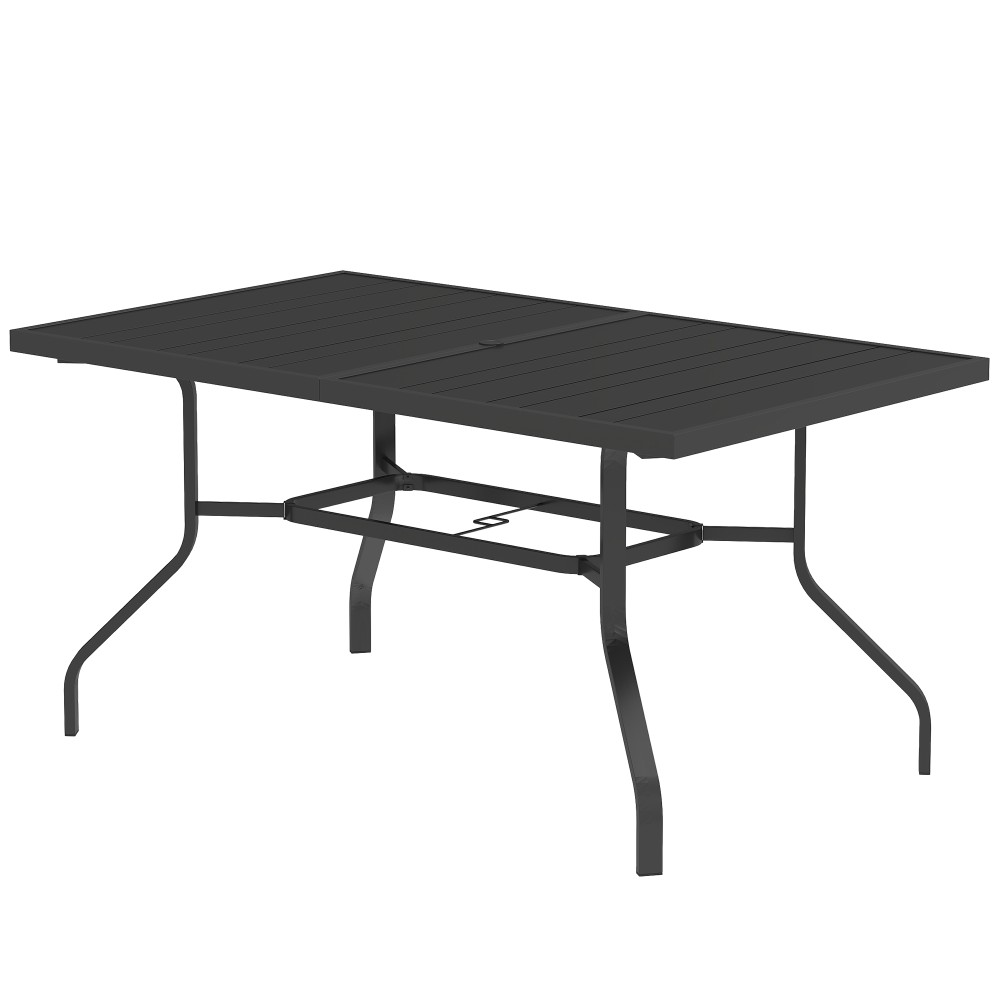 Τραπέζι κήπου 152x90 εκ., Ανθεκτικό στο καιρό τραπέζι μπαλκονιού από ατσάλι, βοηθητικό τραπέζι με οπή ομπρέλας, σχέδιο με σανίδες Μαύρο