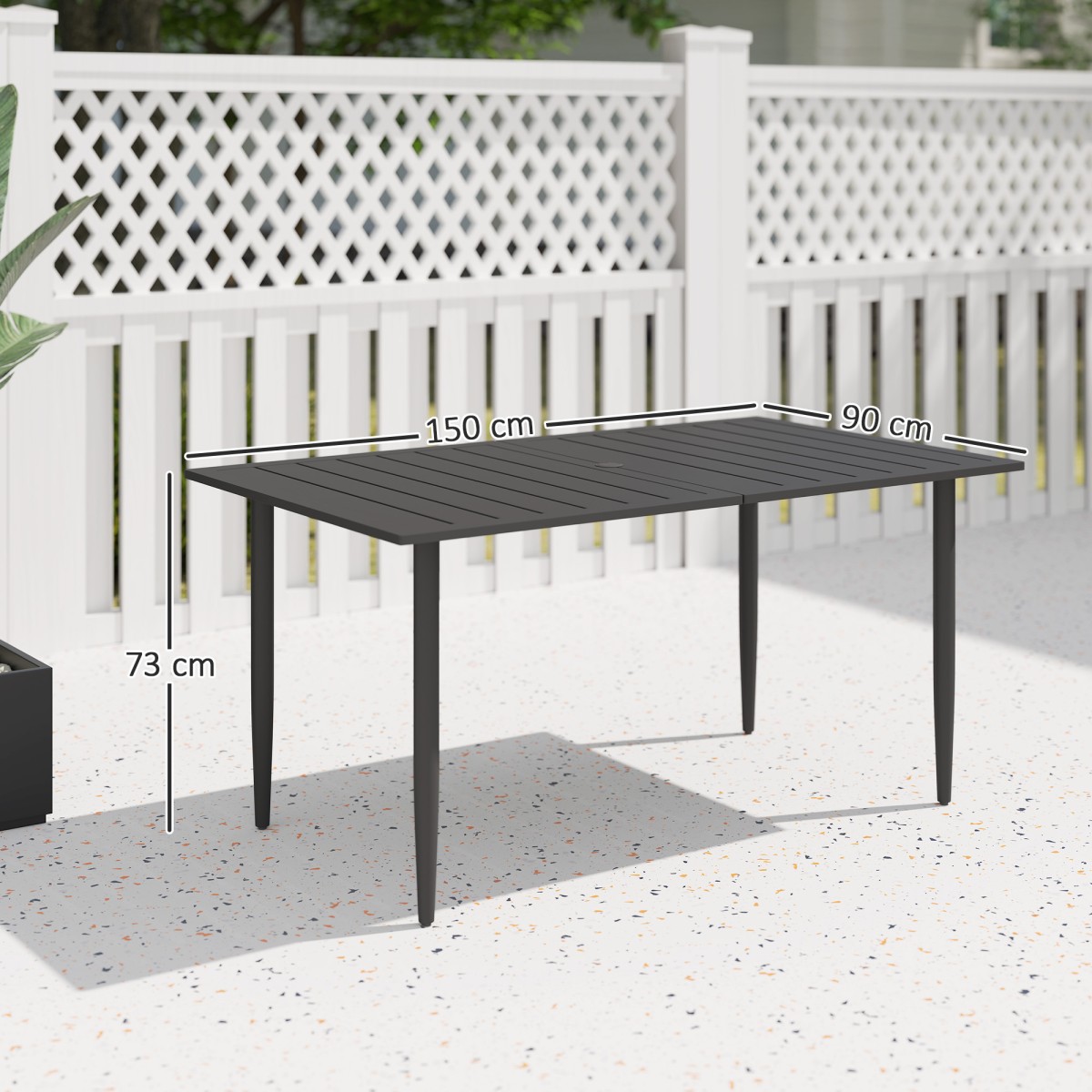 Τραπέζι κήπου 150x90cm, αδιάβροχο τραπέζι μπαλκονιού από ατσάλι, τραπέζι μπαλκονιού με τρύπα ομπρέλας μαύρο