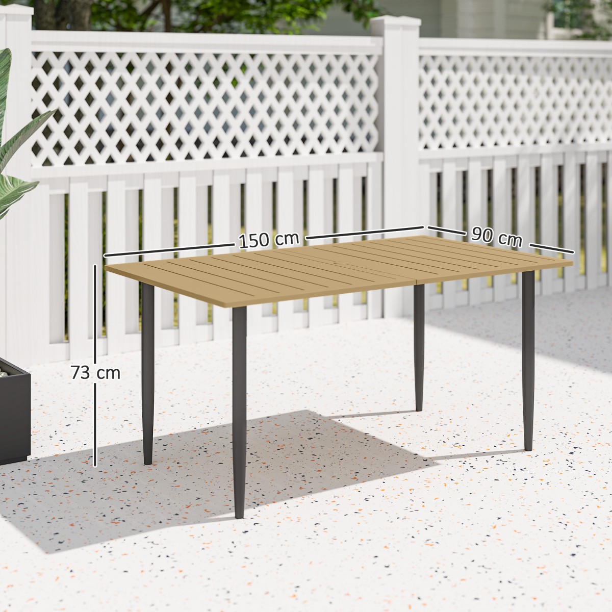 Τραπέζι κήπου 150x90cm, αδιάβροχο τραπέζι μπαλκονιού από ατσάλι, τραπέζι μπαλκονιού με τρύπα για ομπρέλα καφέ