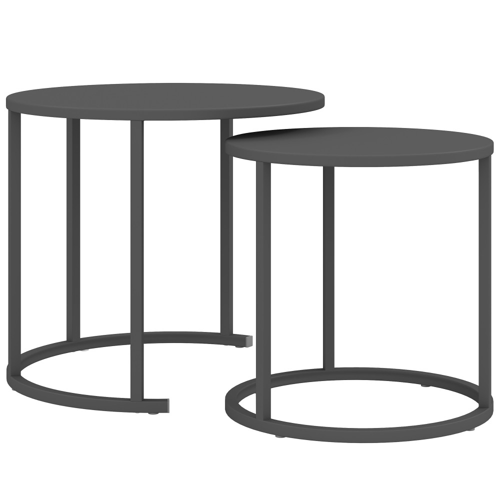 Σετ 2 βοηθητικά τραπέζια, στοιβαζόμενα τραπέζια κήπου, στρογγυλά, ανθεκτικά στις καιρικές συνθήκες, τραπέζια μπαλκονιού από ατσάλι, εξοικονόμηση χώρου, σκούρο γκρι