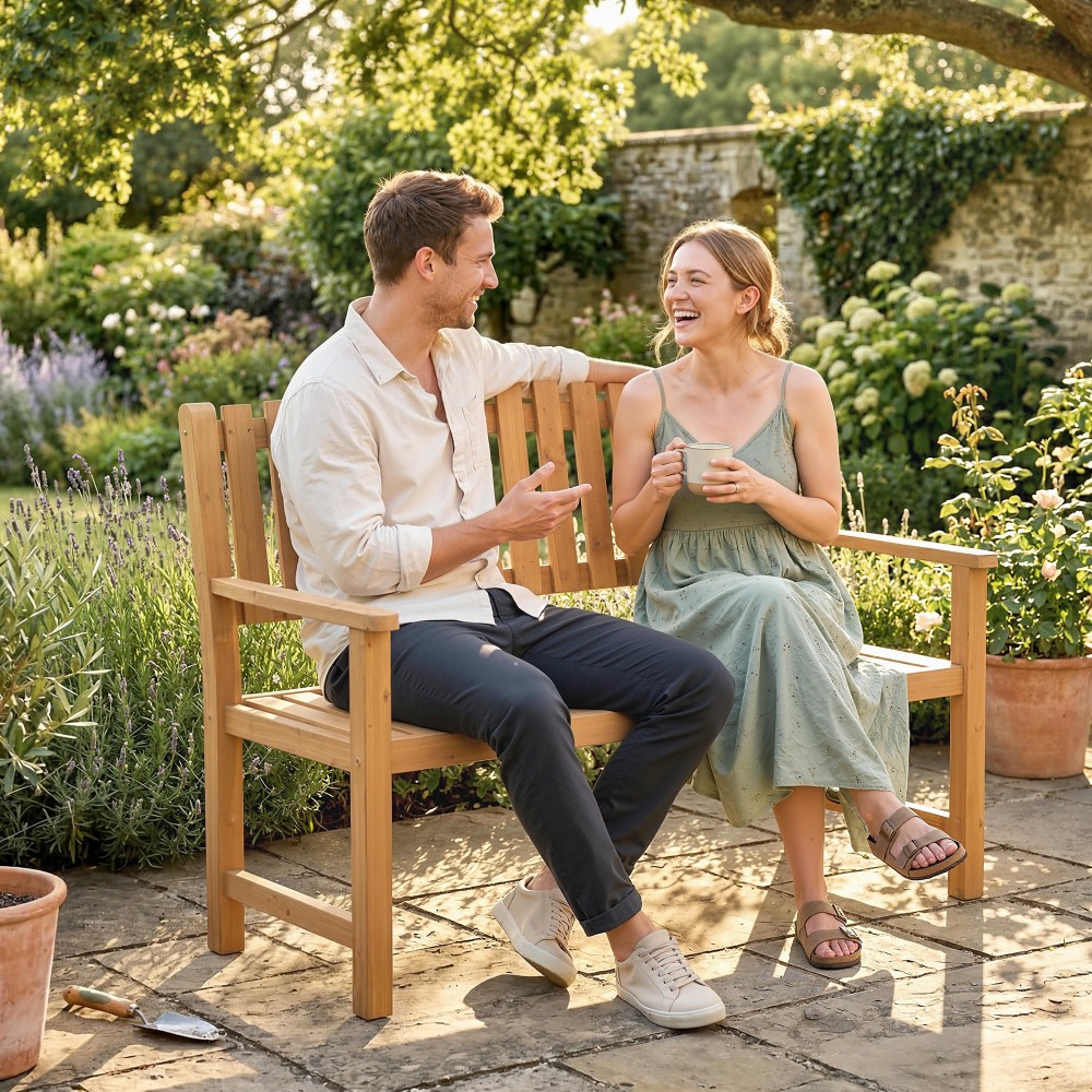 Πάγκος κήπου 2θέσιος αδιάβροχος ξύλινος πάγκος με υποβραχιόνια σχεδίασης slat, ξύλινος πάγκος έως 320 kg 112 x 64 x 92 cm φυσικό ξύλο